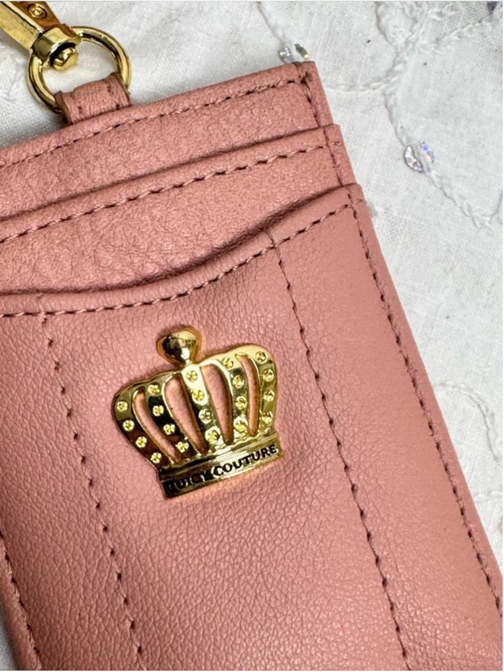 Juicy Couture Pink Crown Lanyard Card Holder ID Badge Wallet Faux Leather